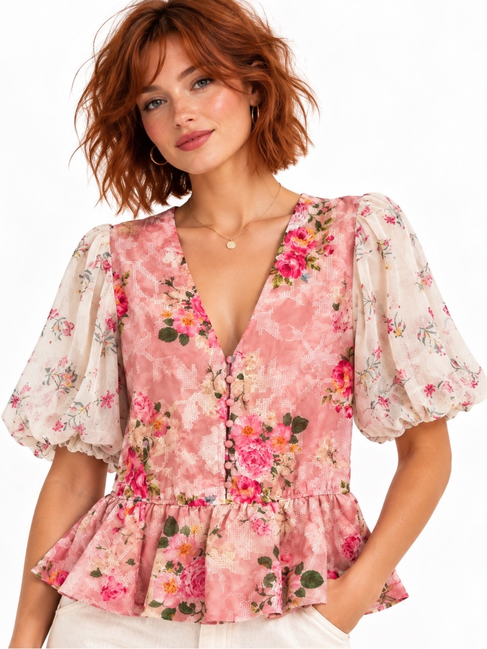 Hemant & Nandita Pink Floral Jacquard Puff Sleeve Peplum Top L